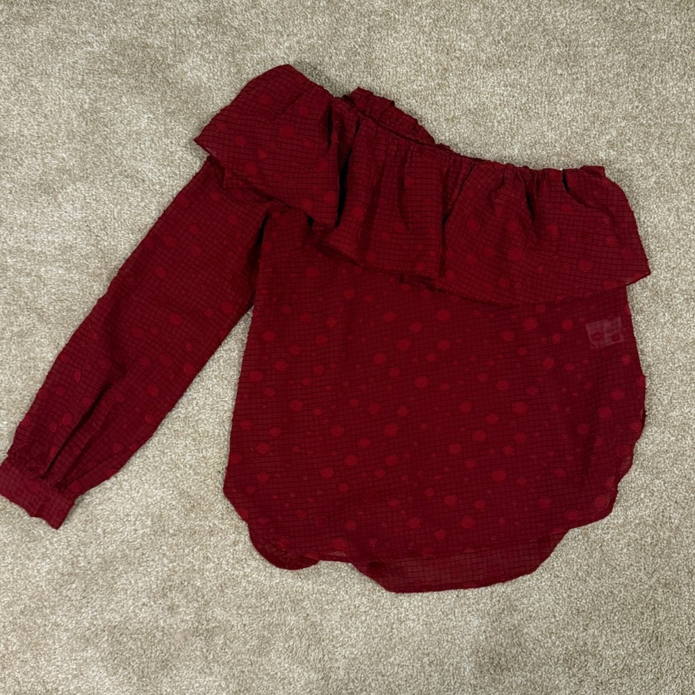 TCEC Burgundy Ruffled One Shoulder Long Sleeve Blouse, Small